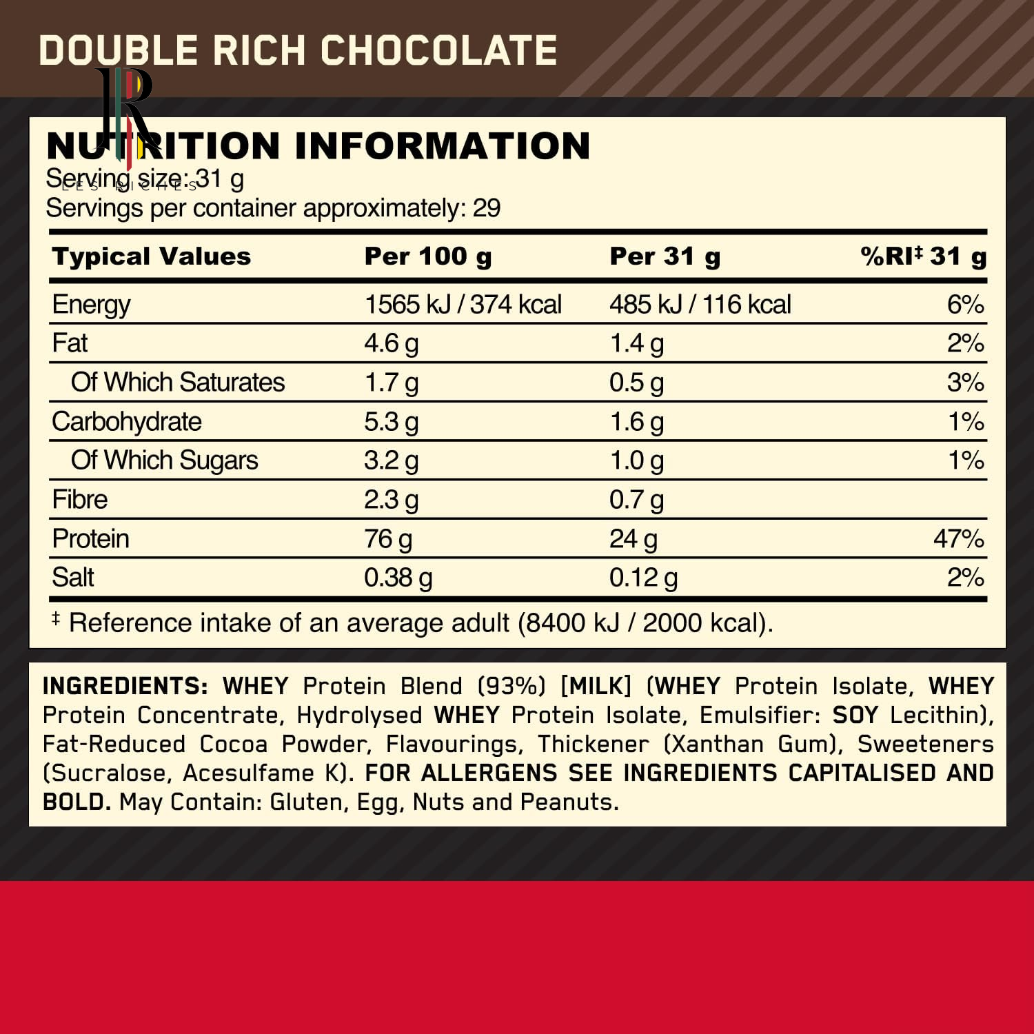 Optimum Nutrition Gold Standard Whey Protein, Muscle Building Powder with Naturally Occurring Glutamine and Amino Acids, Double Rich Chocolate, 29 Servings, 899 G, Packaging May Vary